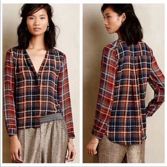 Anthropologie Maeve Plaid Sheer navy brown Button Down Pleasant Blouse Small - Picture 1 of 6